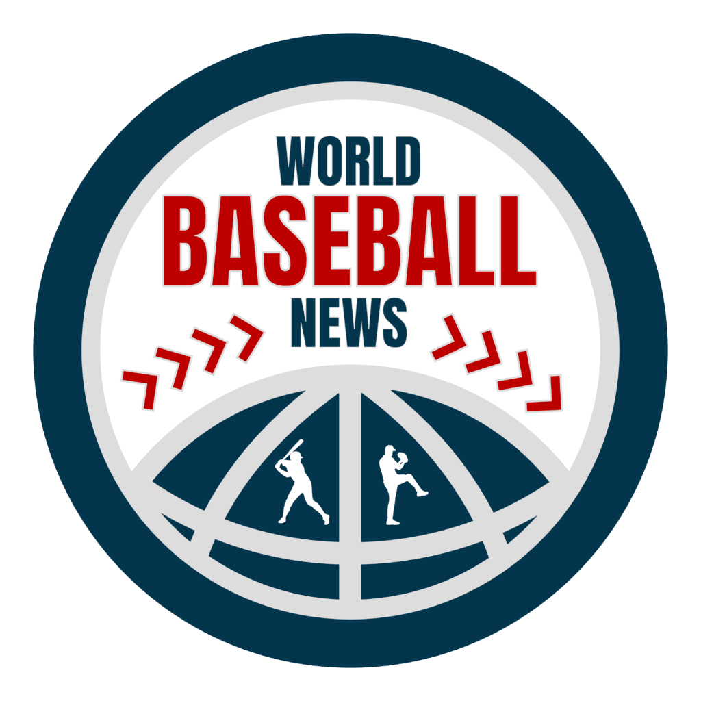 Logo of World Baseball News with a globe, red arrows, and silhouettes of a batter and pitcher – representing international baseball coverage